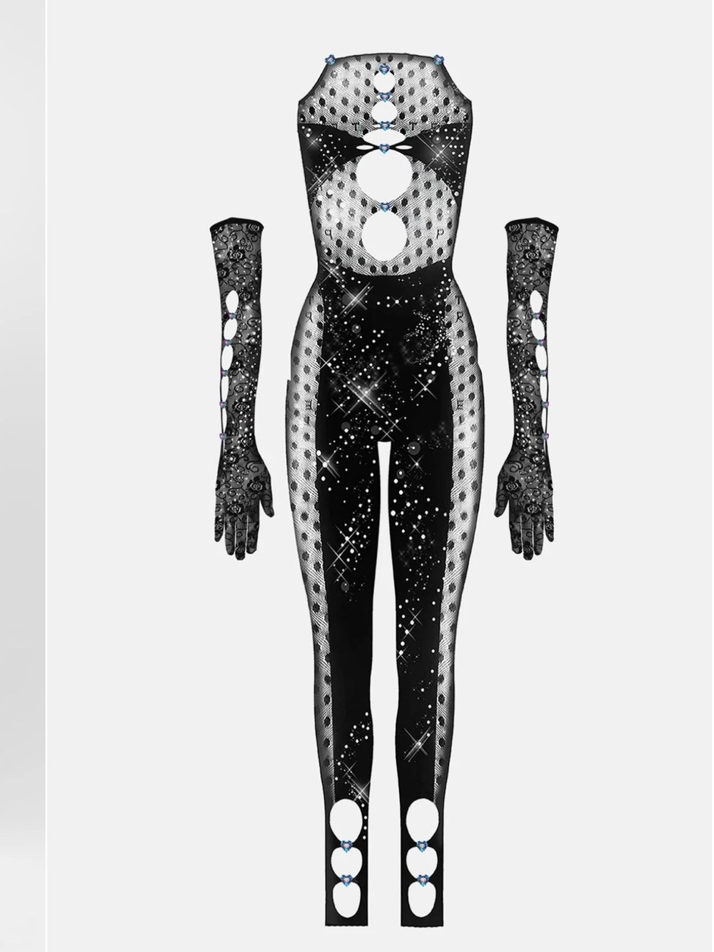 POSTER GIRL Black Rhinestone Cutout Bodysuit with Matching Gloves